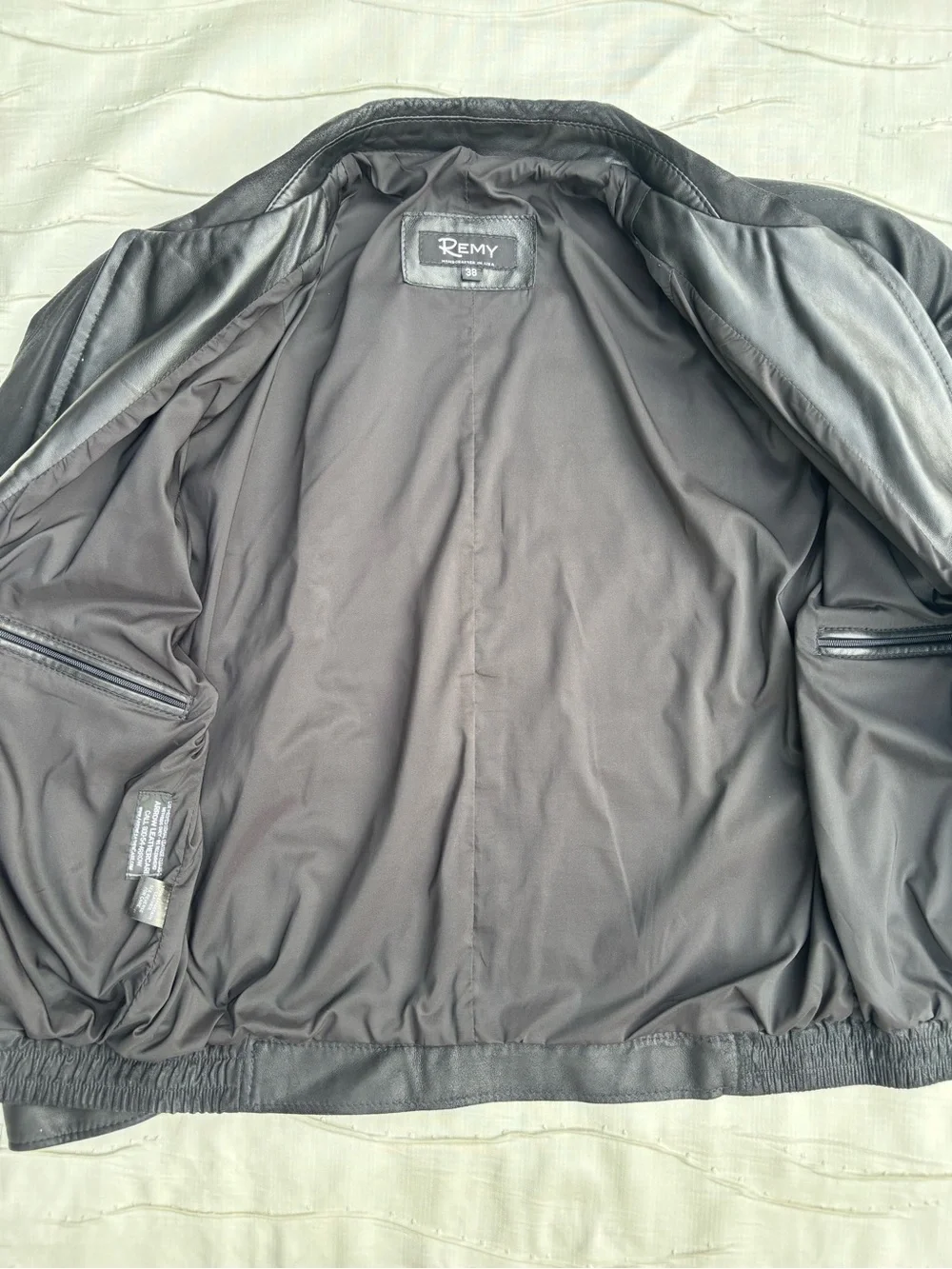 REMY Black Leather Bomber Jacket Men's Size 38 Lambskin Leather